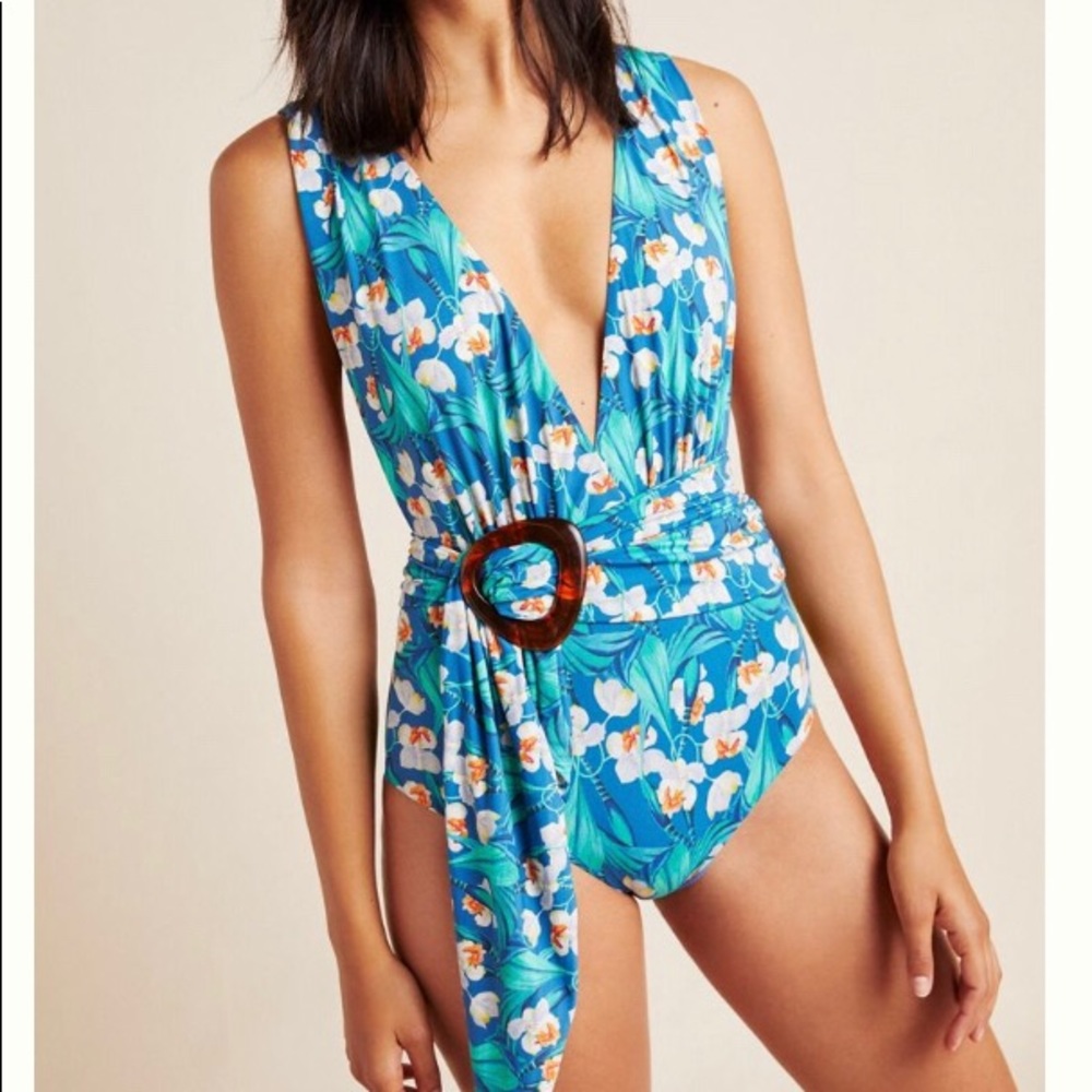 PATBO FLORAL BELTED PLUNGE ONE-PIECE SWIMSUIT